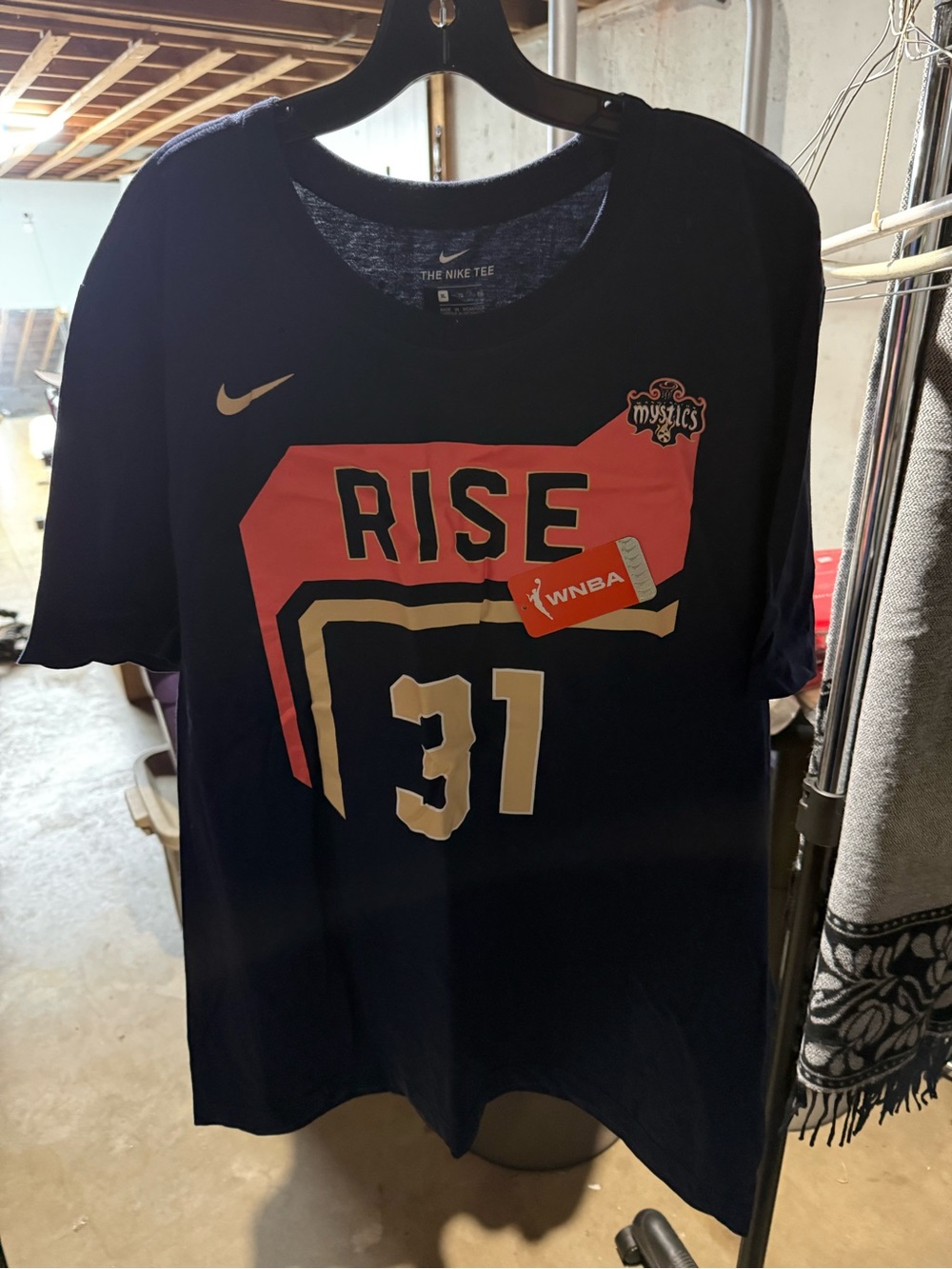 Nike Navy Blue Graphic Logo Tee with Coral Accent